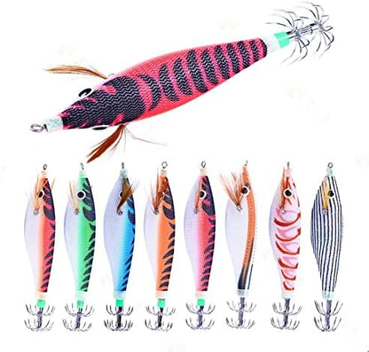 8 piezas jigs calamar luminosos 9.6g 10cm madera camaron cebos sepia