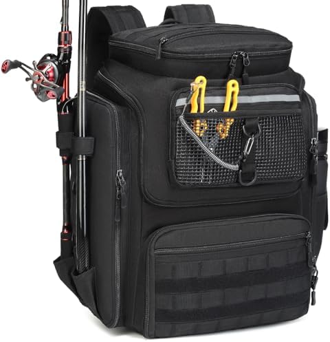 Mochila pesca impermeable 45L soporte caña senderismo camping trekking