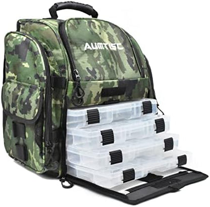 Mochila pesca con 4 bandejas almacenamiento grande cubierta lluvia