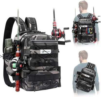 Mochila pesca grande soporte caña impermeable acolchada multibolsillos camuflaje