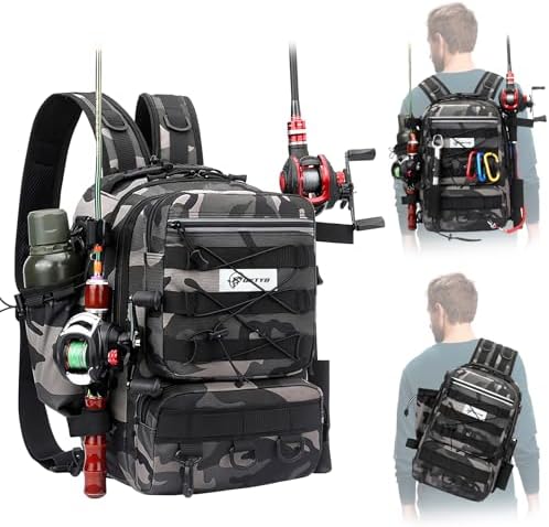 Mochila pesca grande soporte caña impermeable acolchada multibolsillos camuflaje