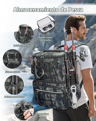 Mochila pesca con 4 cajas soporte caña impermeable brújula térmico