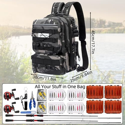 Mochila pesca grande soporte caña impermeable acolchada multibolsillos camuflaje