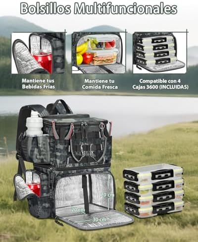 Mochila pesca con 4 cajas soporte caña impermeable brújula térmico